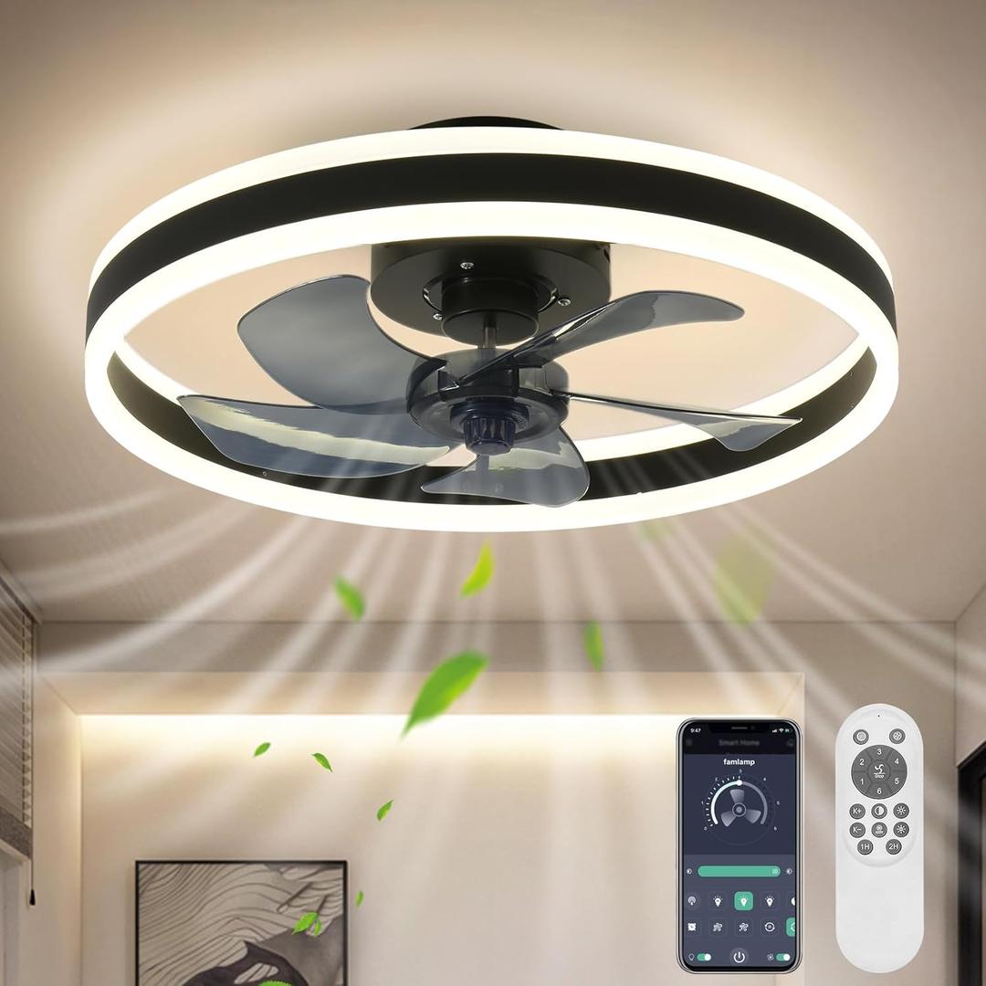 KINDLOV Low Profile Ceiling Fan with Light,6 Speeds and Dimmable,Flush Mount Ceiling Fans with Lights for Bedroom, Living Room,Kitchen,Modern Ceiling Fan,Black