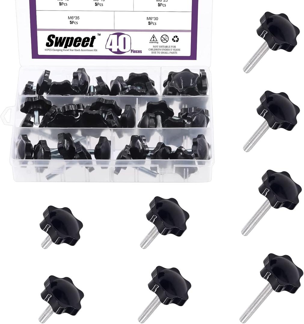 Swpeet 40Pcs M6 x 11/15/20/25/30/35/40/50mm 8 Sizes Hex Shaped Male Thread Metal Clamping Hand Hexagon Star Knobs Assortment Kit, Clamping Screw Plastic Screw-On Handle Knob Quick Removal