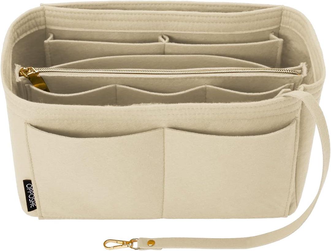 OPPOSHE Purse Organizer Insert for Handbags, Softened Felt Bag Insert Organizer for Tote, Compatible with LV, Coach, MK, Kate Spade, Goyard, Longchamp (Beige, Large)