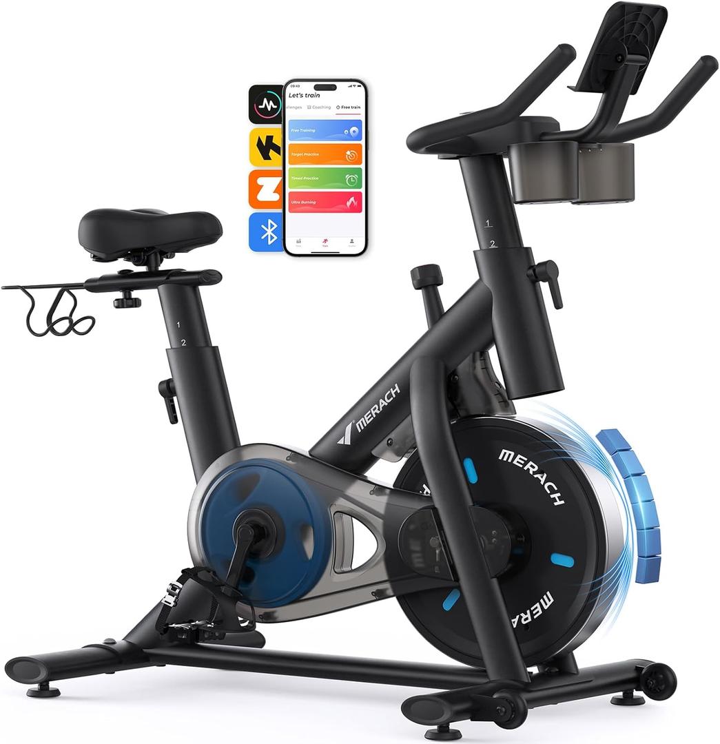 MERACH Exercise Bike, Brake Pad Stationary Bike with Exclusive App, Low Noise Indoor Cycling Bike with 300lbs Weight Capacity, Tablet Mount and Fitness Courses for Weight Loss (Magnetic-Black)