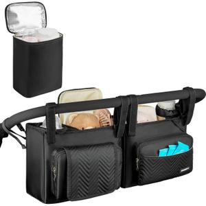 Double Stroller Organizer Compatible with Bob Duallie and Baby Jogger City Mini Gt2,Double Stroller Caddy with Cooler Bag and Cup Holder,Black
