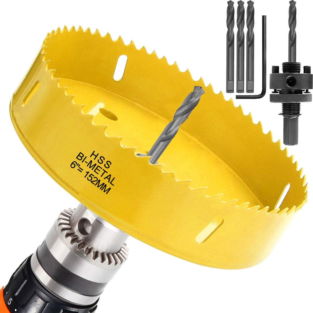6 inch Hole Saw Blade for Cornhole Boards Corn Hole Drilling Cutter 152mm in Diameter BI-Metal Heavy Duty Steel & Hex Shank Drill Bit Adapter by STARVAST for Cornhole Game, Home Improvement (Yellow)