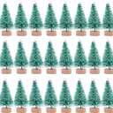 24 Pieces Artificial Mini Christmas Sisal Snow Frost Trees with Wood Base Bottle Brush Trees Plastic Winter Snow Ornaments Tabletop Trees for Christmas Party Home Decoration (Green)