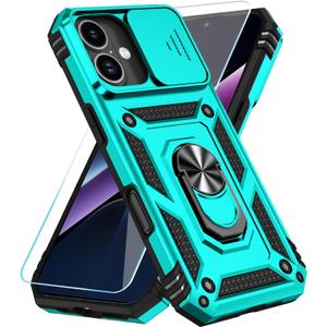 SunStory Compatible with iPhone 17 Case with HD Screen Protector & Slide Camera Cover & Rotated Ring Kickstand, [Military-Grade] iPhone Case for iPhone 17, Teal