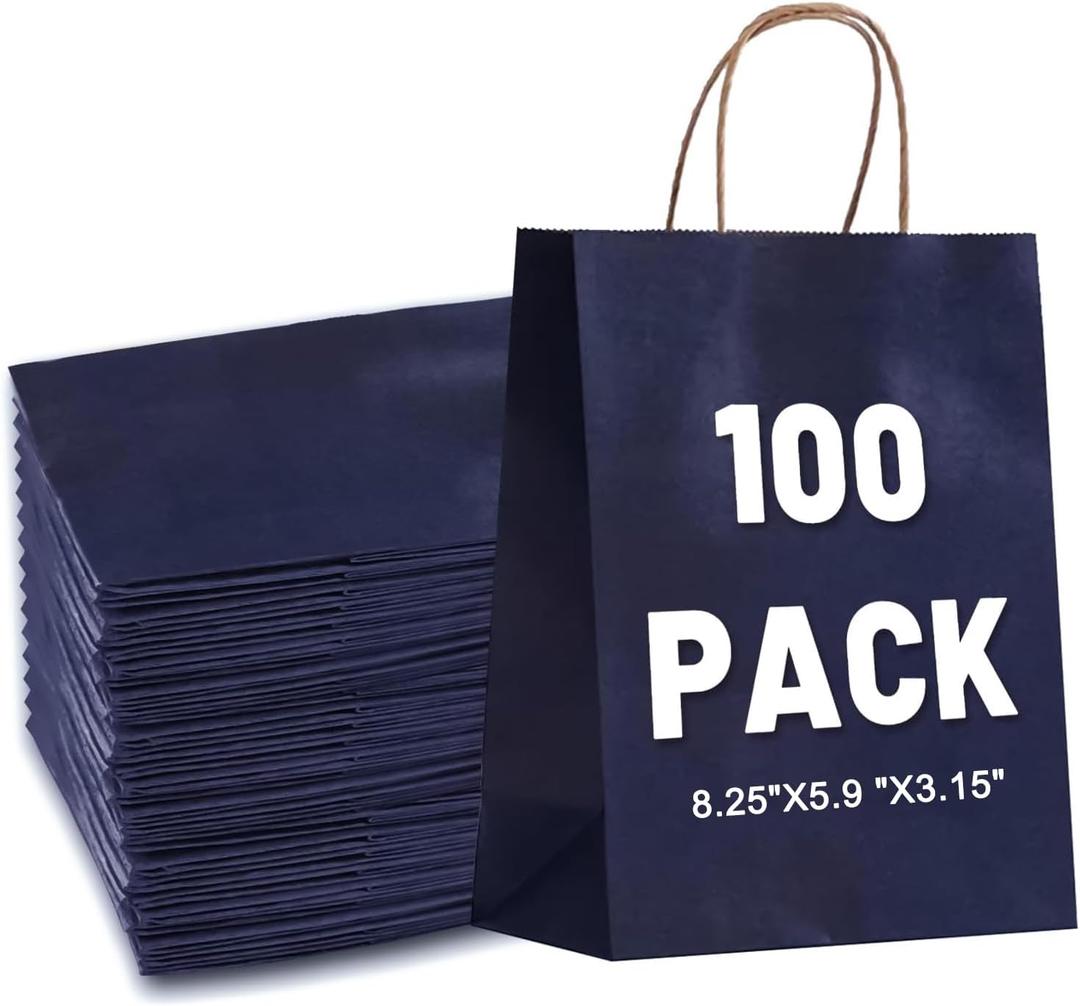 LIHOMR Gift Bags 8.25" x5.9 x3.15 100Pcs Paper Bags with Handles,kraft paper Bags for Small Business Christmas Bags, Wedding, Party Favor, Shopping, Lunch, Halloween Trick-or-Treat(Navy blue)