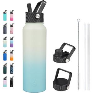 BJPKPK Insulated Water Bottles with Straw Lid, 40oz Stainless Steel Metal Water Bottle with 3 Lids, Reusable Thermo, Keep Cold Hot for Sports, Gym-Mint