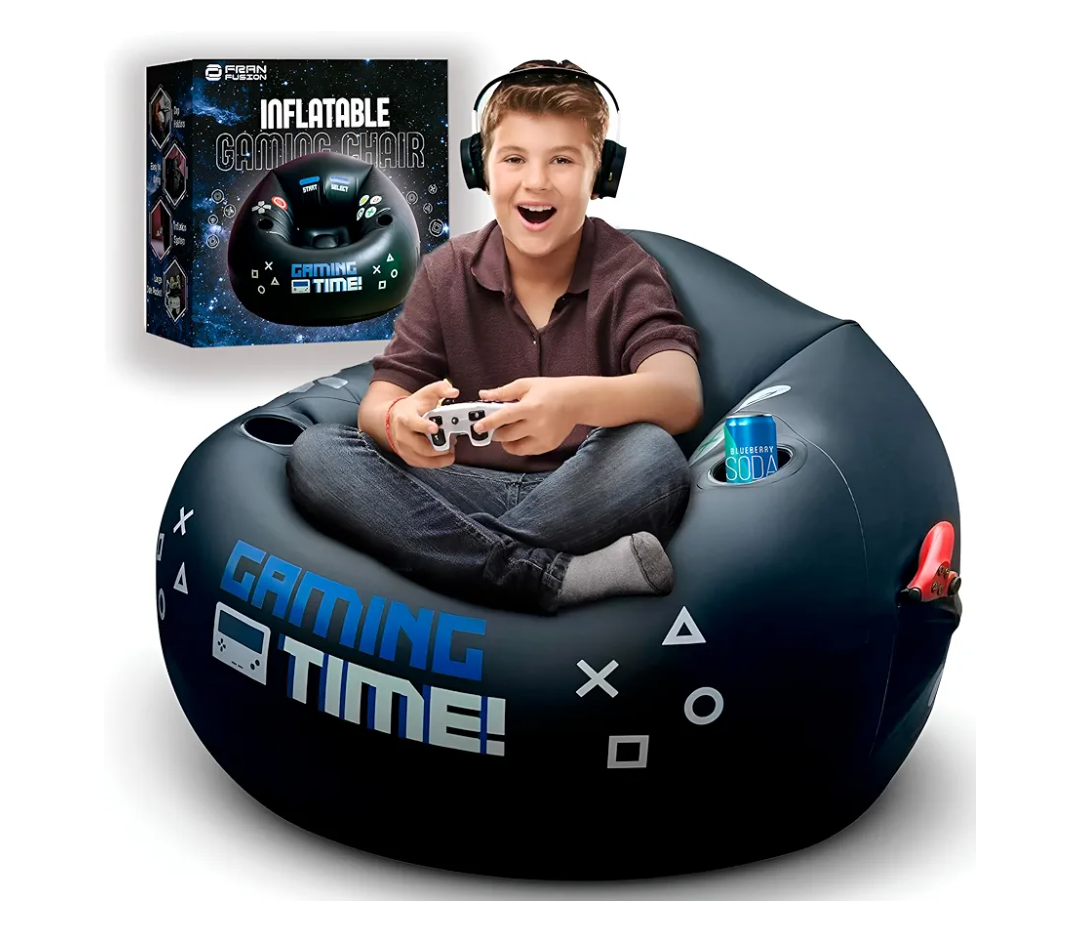 Inflatable Gaming Chair for Kids & Teens with Cup Holders and Side Pocket - This Air Gaming Bean Bag Chairs for kids is The Perfect Furniture for Gamer Room Decor - Perfect Gaming Stuff for boys 4-12