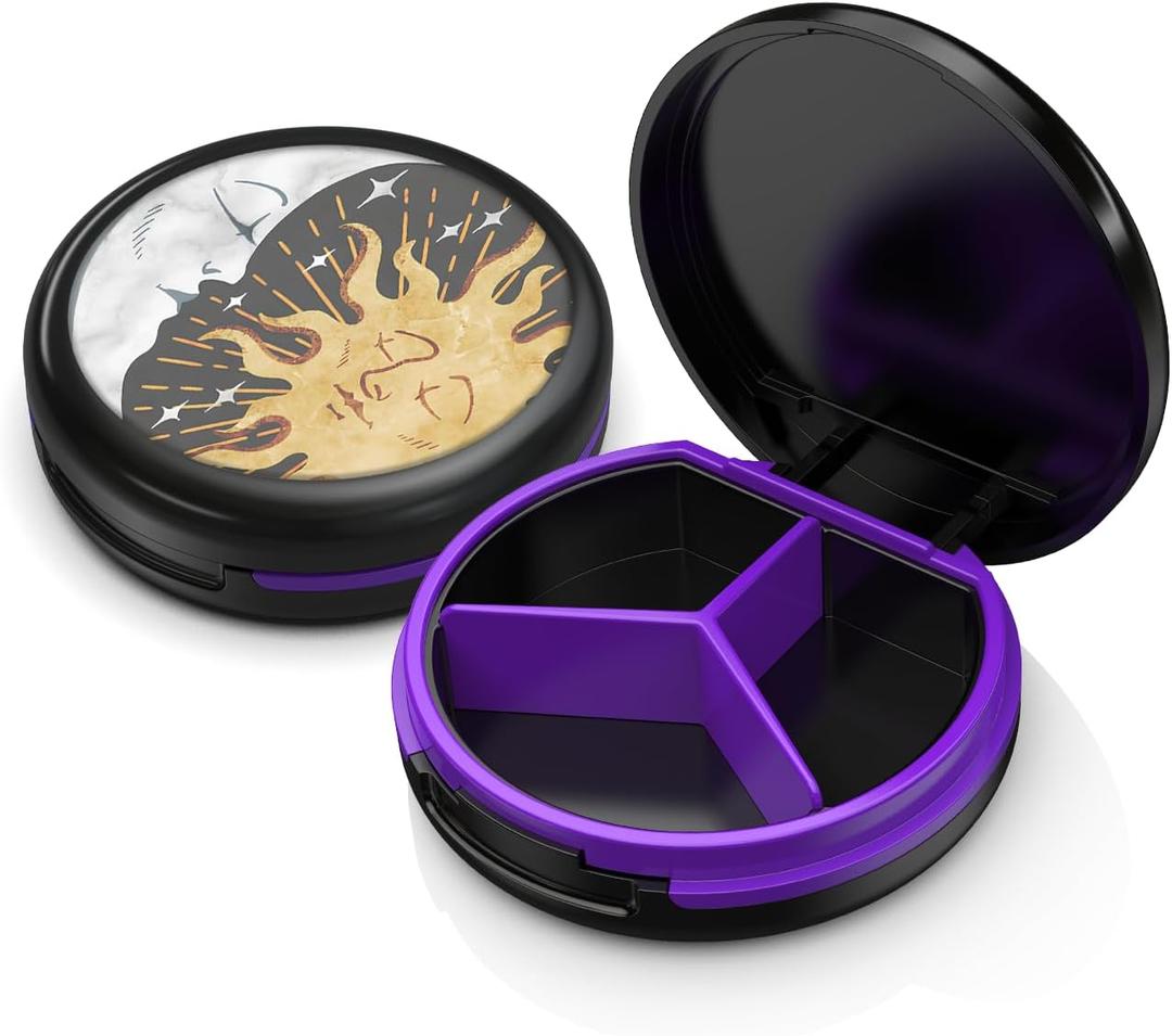 Serfeymi Small Pill Case for Purse, Unique Artistic Patterns Travel Pill Box with 3 Compartments, Portable Mini Pill Organizer for Pocket, Decorative Pill Container for Purse - Black(Cosmic Balance) (1 Piece)