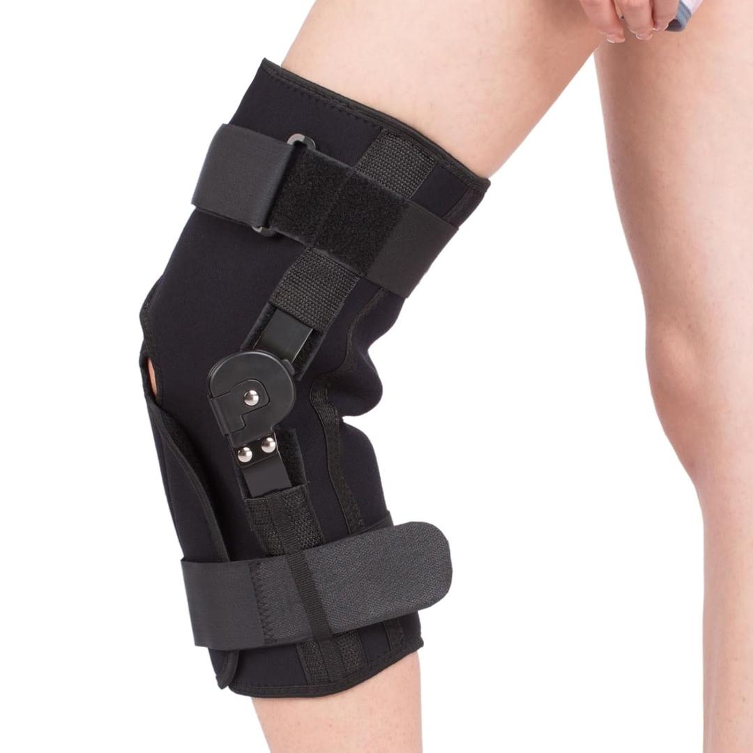 Hinged ROM Knee Brace, Post Op Knee Support Orthosis with Side Stabilizers & Locking Dials for Arthritis, Meniscus Tear, ACL, MCL, Medical ROM Knee Brace for Knee Pain (Basic, Large)