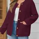 Womens Chunky Knit Cardigan with Gold Buttons Button Down Crewneck Long Sleeve Sweater with Pockets (Red, L)