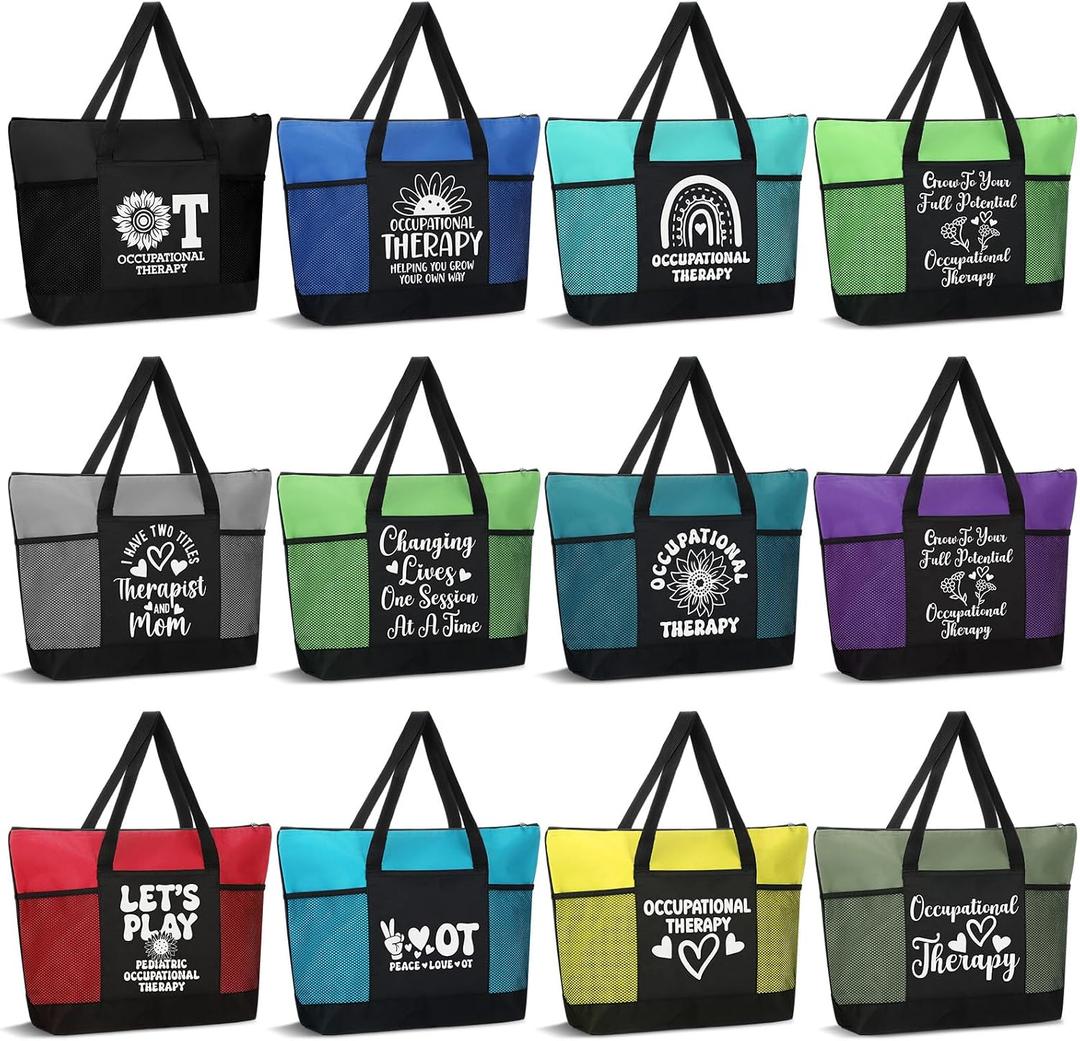 Gilprop 12 Pcs Occupational Therapy Gifts OT Month Gifts Reusable Grocery Tote Bags with Mesh Pocket Employee Appreciation Gift for Party Favors