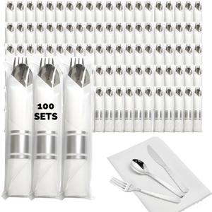 Individually Wrapped Plastic Silverware Sets, Plastic Spoon, Fork, Knife & Napkin (100 Each), 400 Pc Disposable Silverware Set Rolled Cutlery With Napkin, Disposable Decorative Silverwares (Silver)