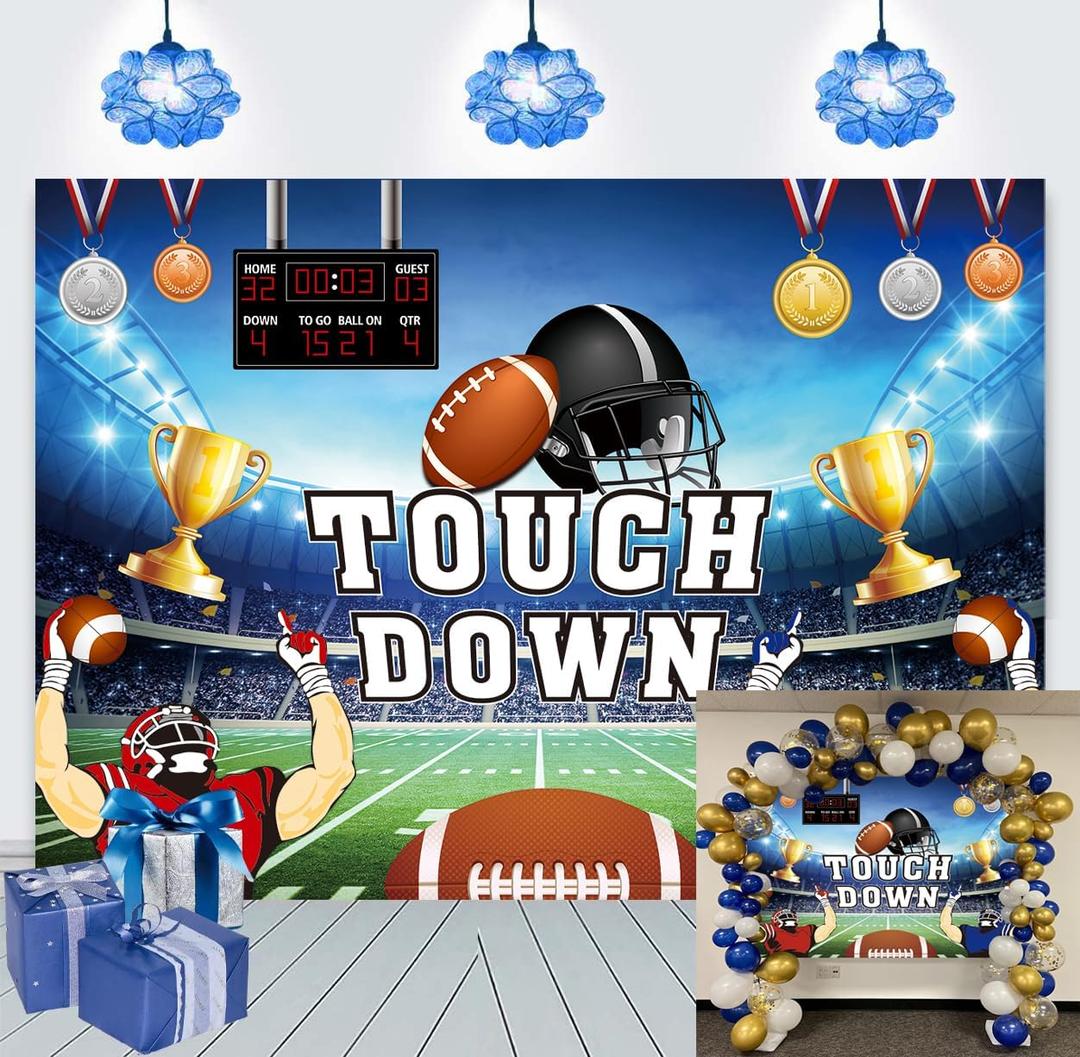 Football Party Backdrop Touch Down Sports Match Medal Trophy Football Field Photography Background Kids Adults Boys Football Sports Themed Birthday Party Decoration 8x6FT (8x6FT(width 240cm x Height 180cm))