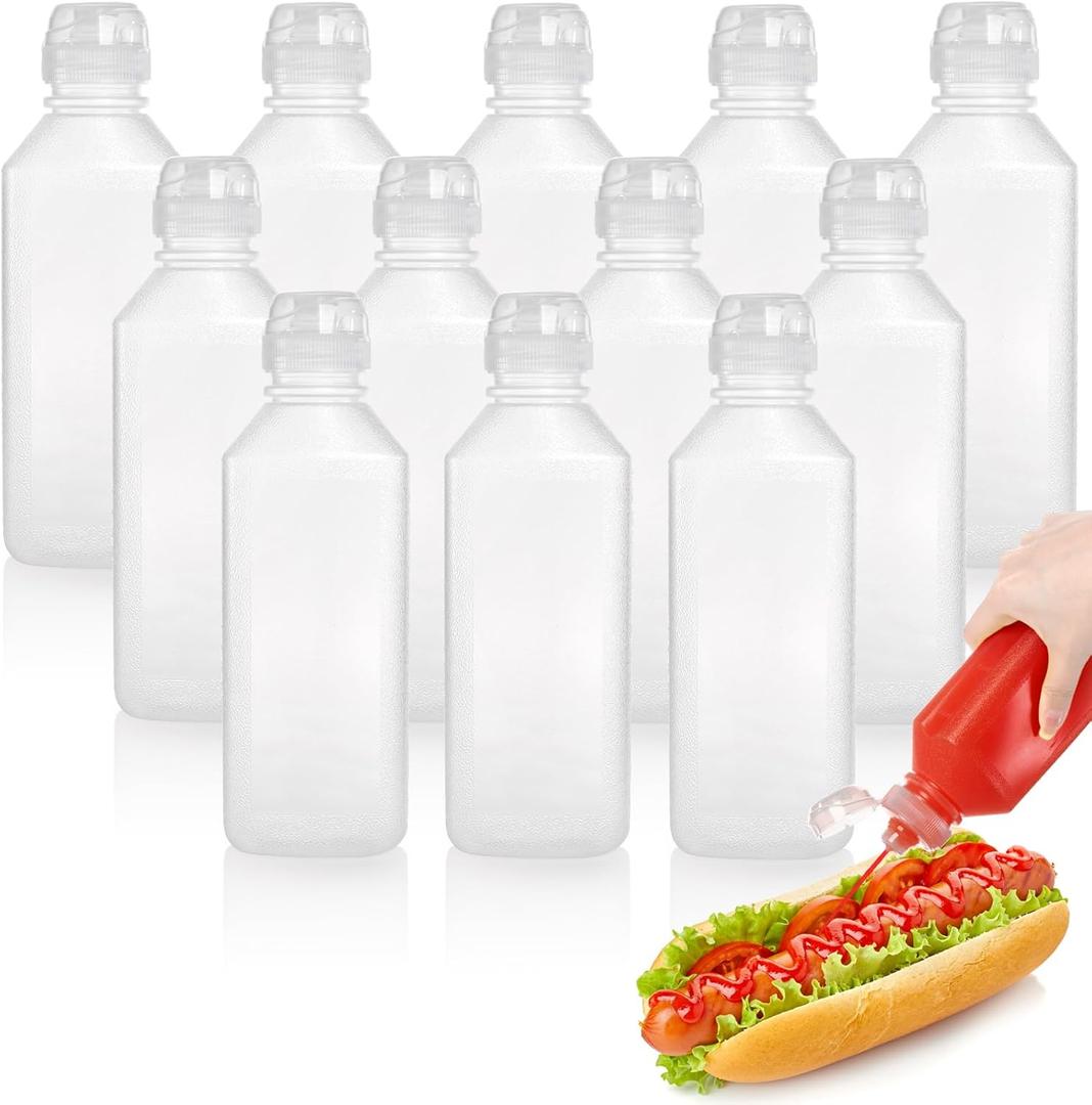 12 Pack Condiment Squeeze Bottles, 16 Oz Ketchup Mustard Bottles with Caps Scale, BPA-free Leak-proof Squirt Bottles for Sauces, Oil, Salad Dressings, Honey