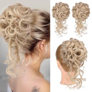 HOOJIH 2PCS Messy Bun Hair Piece, Tousled Updo with Tendrils Bun Extensions Wavy Curly Hair Wrap Ponytail Hairpieces for Women HB010 Dasiy - Medium Blonde with Highlights