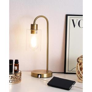 QHANTOMIZE Gold Table Lamp with USB Port, 3 Way Dimmable Touch Control Bedside Lamp, Modern Nightstand Lamp with Glass Shade, Industrial Table Lamp for Bedroom Office, USB A & C, LED Bulb Included