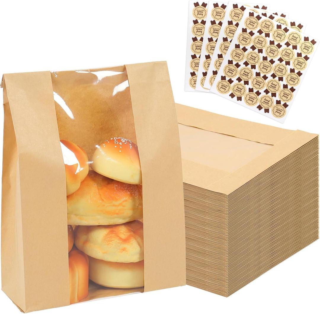 200 Packs Paper Bread Bags for Homemade, Sourdough Bread Bags with Clear Window Includes Label Seal 200 Pcs Stickers, Bakery Packaging Storage for Cookies Snack (13.7x8.2x3.5 inch)