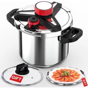 18/8 Stainless Steel Pressure Cooker 8 Qt, [One-Hand Locking] Pressure Cooker,[3-In-1] Olla de Presion, Induction,Gas Stovetop Compatible, Includes Glass Lid & Steamer Rack