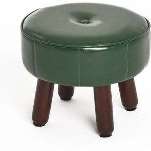 Small Foot Stool Ottoman, Round Pouf Foot Rest, Footstool Ottomans with Rubber Legs Under Desk, Faux Leather Footrest for Couch, Living Room, Bedroom, Hallway, Office, 13''L x 13''W x 10.2''H (Green)