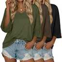 Huukeay 3 Pack Women's 3/ 4 Sleeve Cotton V Neck Loose Fit Tees Baggy Rolled Cuff Drop Shoulder Tops Casual Gym Shirts(X-Large, Black, Brown, Army Green)
