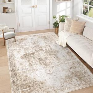 Area Rug 5x7 Washable Rug, Vintage Boho Medallion Rugs Non-Slip Soft Low Pile Large Distressed Rug Indoor Retro Carpet for Living Room Bedroom Dining Room Home Office (Brown, 5'x7')