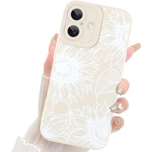 Fiyart Designed for iPhone 16 Case Cute Flower Floral Sunflowers Design,Soft Slim TPU Anti-Scratch Phone Cover for Women Girls 6.1"-White