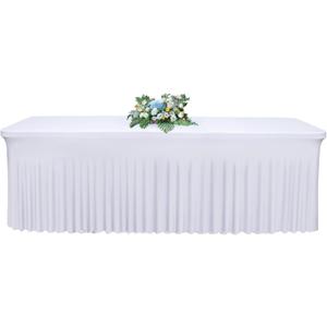 Babenest 1Pack 8FT White Spandex Table Skirt for Rectangle Tables, Wrinkle Resistant RufflesTable Cover for Trade Show, Parties, Birthday, Wedding, Banquets