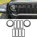 9PCS Front Grille Inserts & Headlight Cover Compatible with (2024-2026) Jeep Wrangler JL/Gladiator JT, Not For Sport, Sport S and Mojave (Black, 2024+ JL/JT)