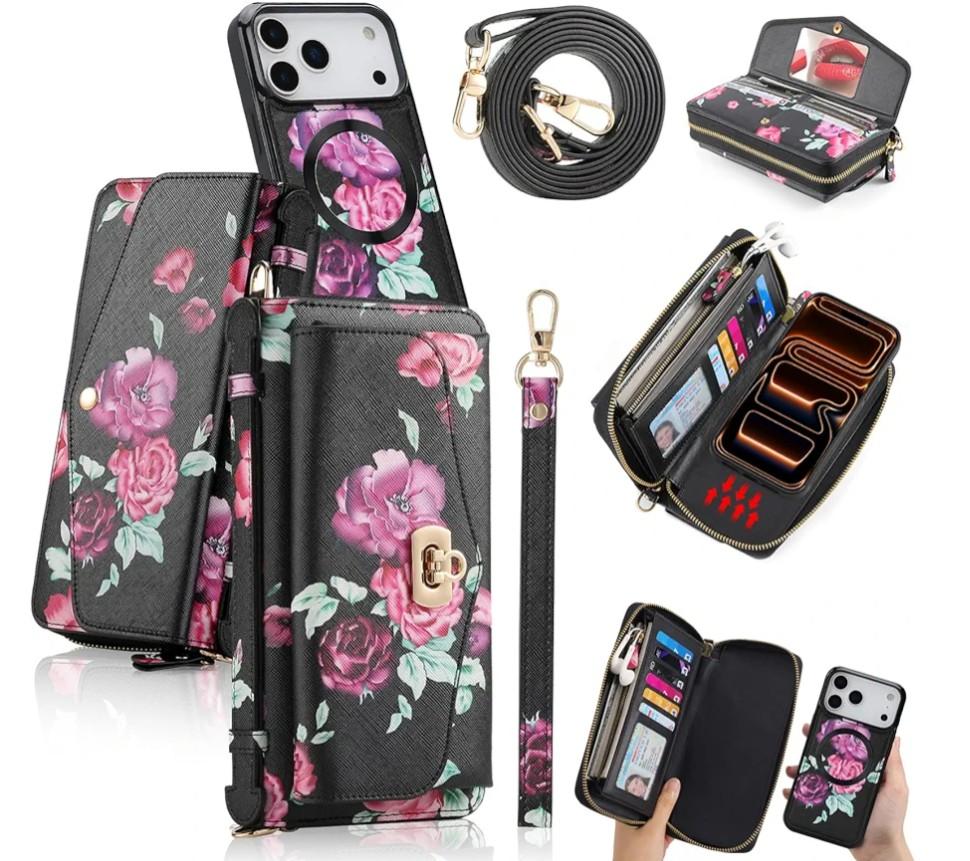 Compatible for iPhone 17 Pro Crossbody Wallet Purse Phone Case, Detachable Magnetic, RFID Blocking Card Holder, Zipper Leather Wallet Wrist Lanyard Strap Case for Women Black Flower
