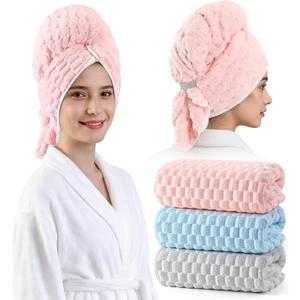 REDKISS 3 Pack Microfiber Hair Towels - Extra Large Hair Towel Wrap for Women, 24x42 inch Hair Towels with Elastic Strap, Super Soft Hair Drying Towels for Long, Thick, Curly Anti Frizz Turbans (Pink+Grey+Blue)