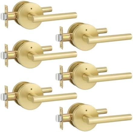 Goldenwarm Gold Door Handles Interior, Privacy Brushed Gold Interior Door Handle, Heavy Duty Zinc Alloy Door Lever for Bedroom, Bathroom, 6 Pack