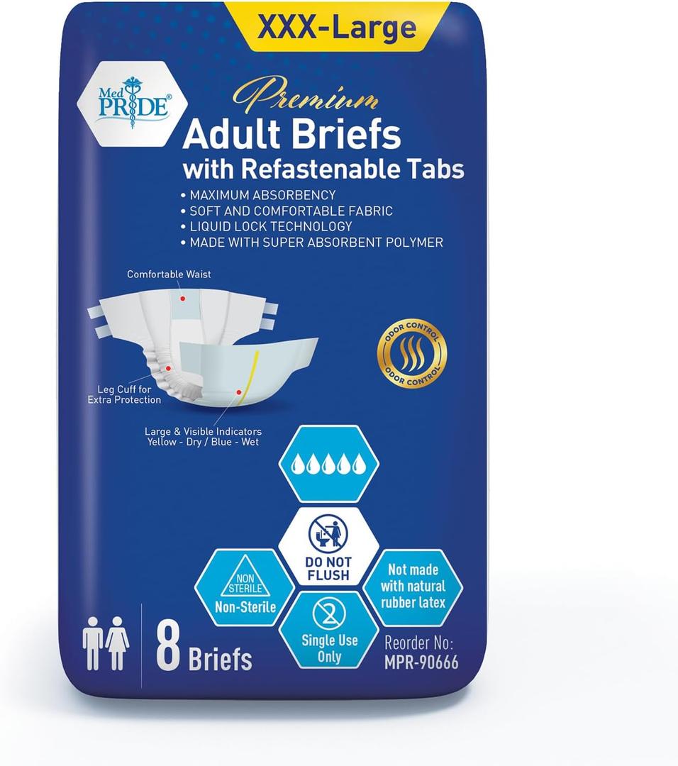 MED PRIDE Maximum Absorbency Adult Briefs for Incontinence with Refastenable Tabs - Ultra-Absorbent Adult Diapers for Men & Women- Bladder Control Unisex Disposable Underwear (XXX-Large - Bag of 8)