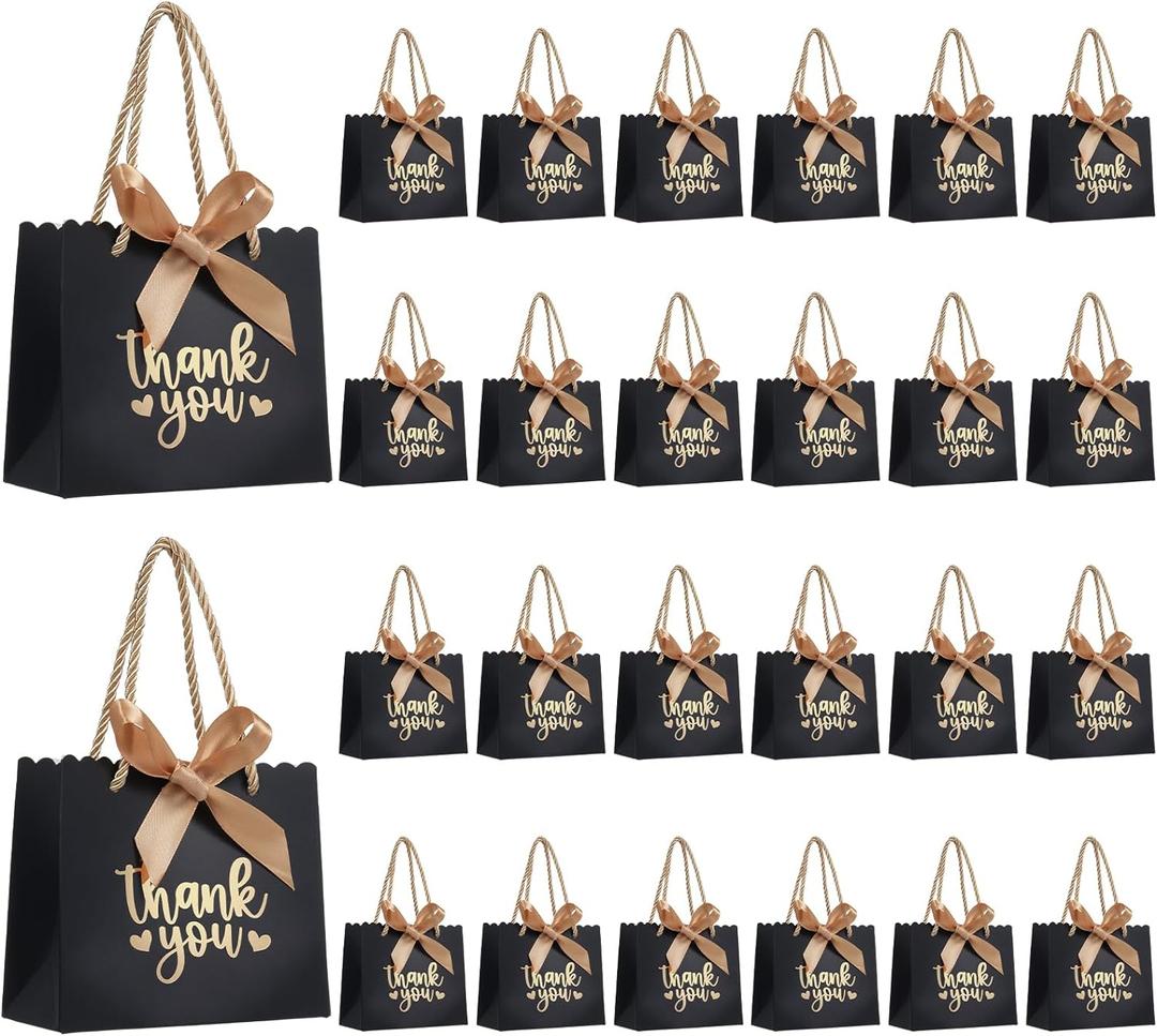 50 Pack Small Thank You Gift Bags with Handles, Black Mini Party Favor Bags 5.5''x 2.5''x4.7'', Mini Gift Bags Bulk with Bow Ribbon for Valentine's Day, Bridal, Wedding, Baby Shower
