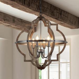 6-Light Wood Farmhouse Chandelier for Dining Room 23'' Vintage Rustic Pendant Light Fixtures Lighting for Hallway Entryway Foyer Kitchen Living Room (Walnut)