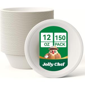 JOLLY CHEF Compostable Disposable Paper Bowl [12 oz] Heavy Duty Soup Containers [150 Pack] Biodegradable Bagasse Hot Cold Food Eco-Friendly Sugarcane Microwavable Bowls for Salad Milk Thanksgiving Day