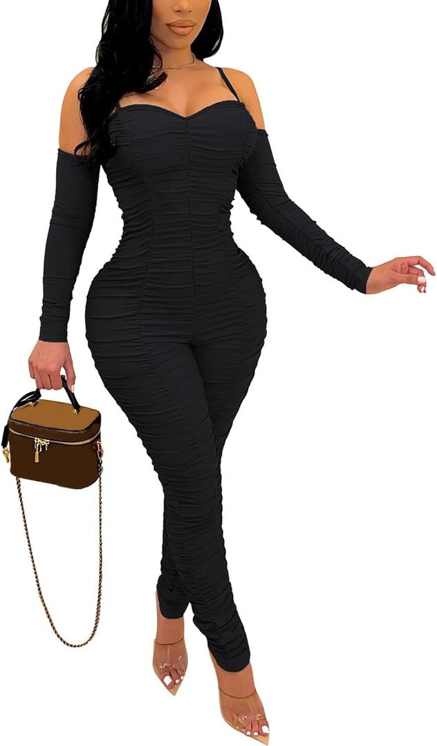 WOKANSE Women's Sexy Ruched One Piece Bodycon Cold Shoulder Long Sleeves Solid Jumpsuits Long Pants Romper (Large, Black)