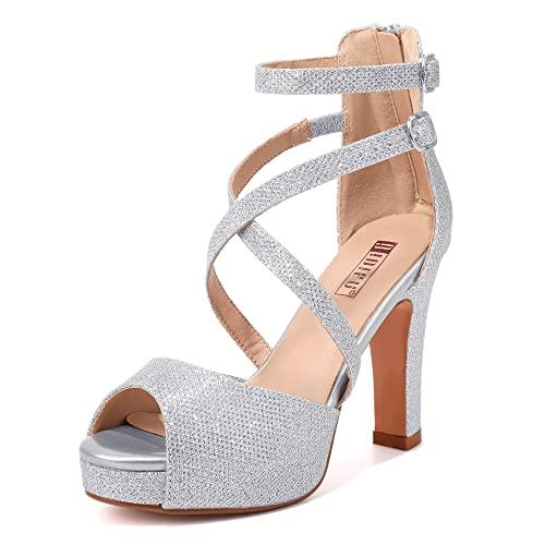 IDIFU Women's IN4 Platform Heels Strappy Chunky Heels For Women Dressy Peep Toe High Heels For Women Bridal Wedding Shoes For Bride On Evening Prom(Silver Glitter, 7.5M US)