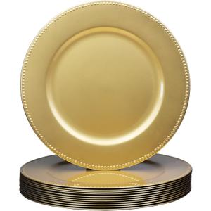 Set of 12 Gold Charger Plates with Beaded. 13" Reusable Plastic Table Chargers for Dinner Plates
