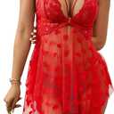 Sexy Lingerie for Women Lace Babydoll with Heart Print V Neck Nighty Mesh Sleepwear Front Slit Nightdress (Large, Red)