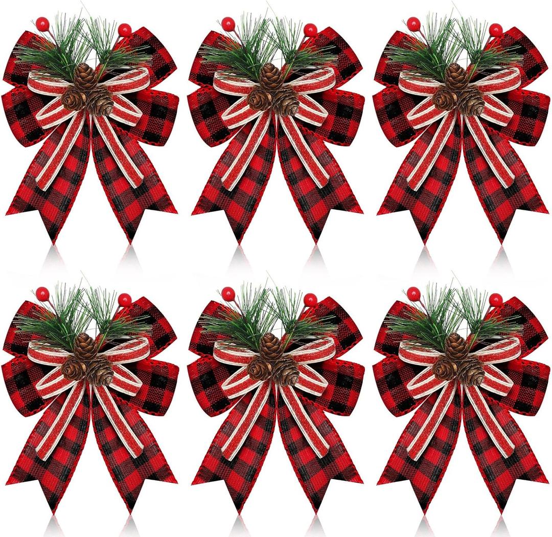 6 Pcs Christmas Burlap Plaid Bow with Pine Cones Pine Needles Xmas Checkered Ribbon Bow for Christmas Indoor Outdoor Farmhouse Tree Wreath Garland Craft Decor (Red and Black)