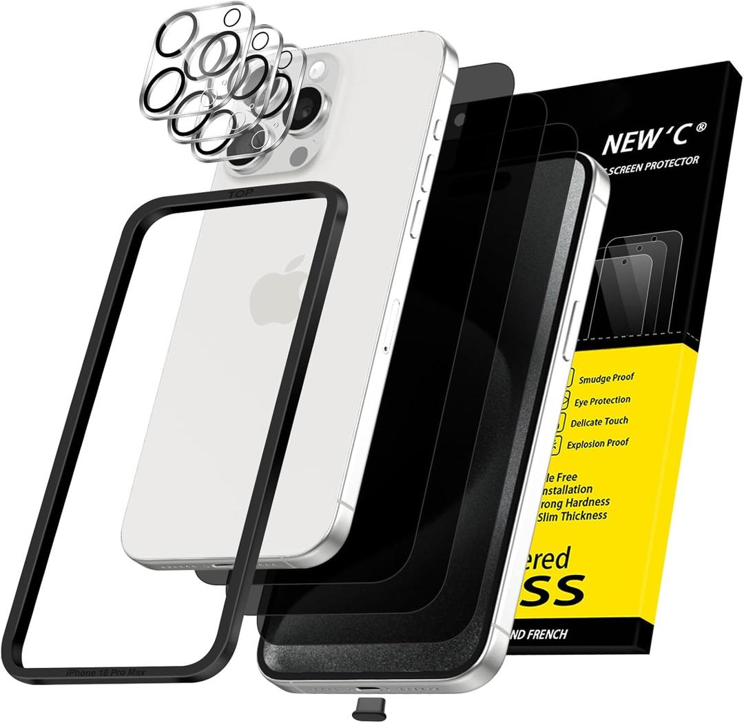 NEW'C 3x Privacy for iPhone 15 Pro Max Screen Protector (6.7 inches)+ 3x Camera Lens Protector, Sensor Protection, Case Friendly Tempered Glass Film + Dust Plug - Easy installation tool included