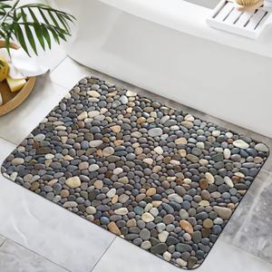 Pebble Stone Print Bathroom Rugs Non Slip Washable Cobblestone Pattern Bath Mat Small Rubber Backed Floor Mat 17"x24"
