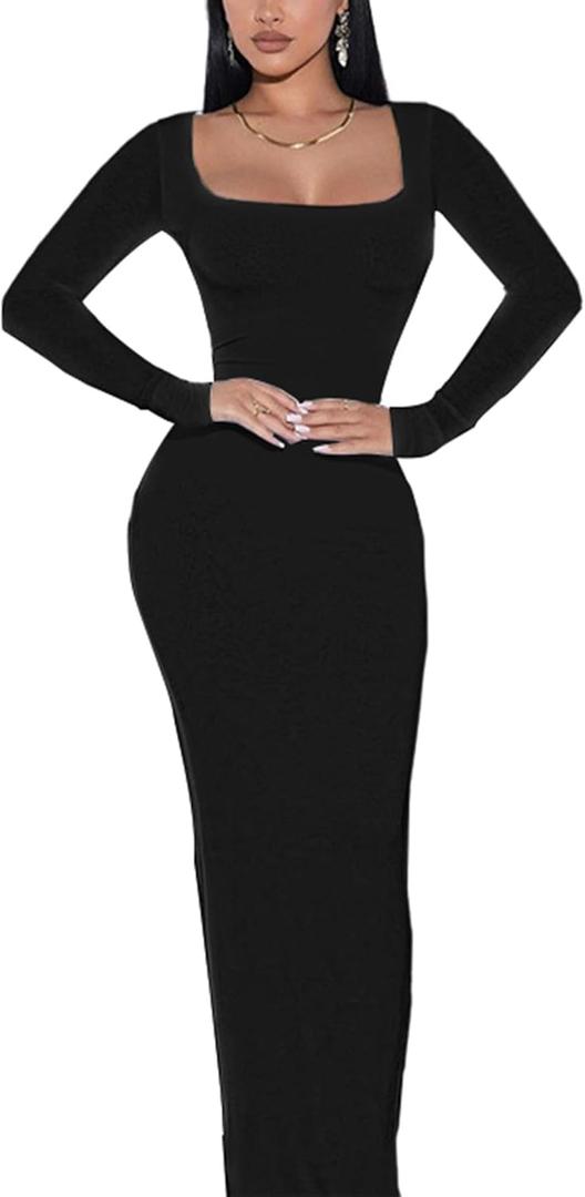 Doweha Women's Square Neck Long Sleeve Maxi Dress Sexy Knit Bodycon Long Dress for Women (XX-Large)
