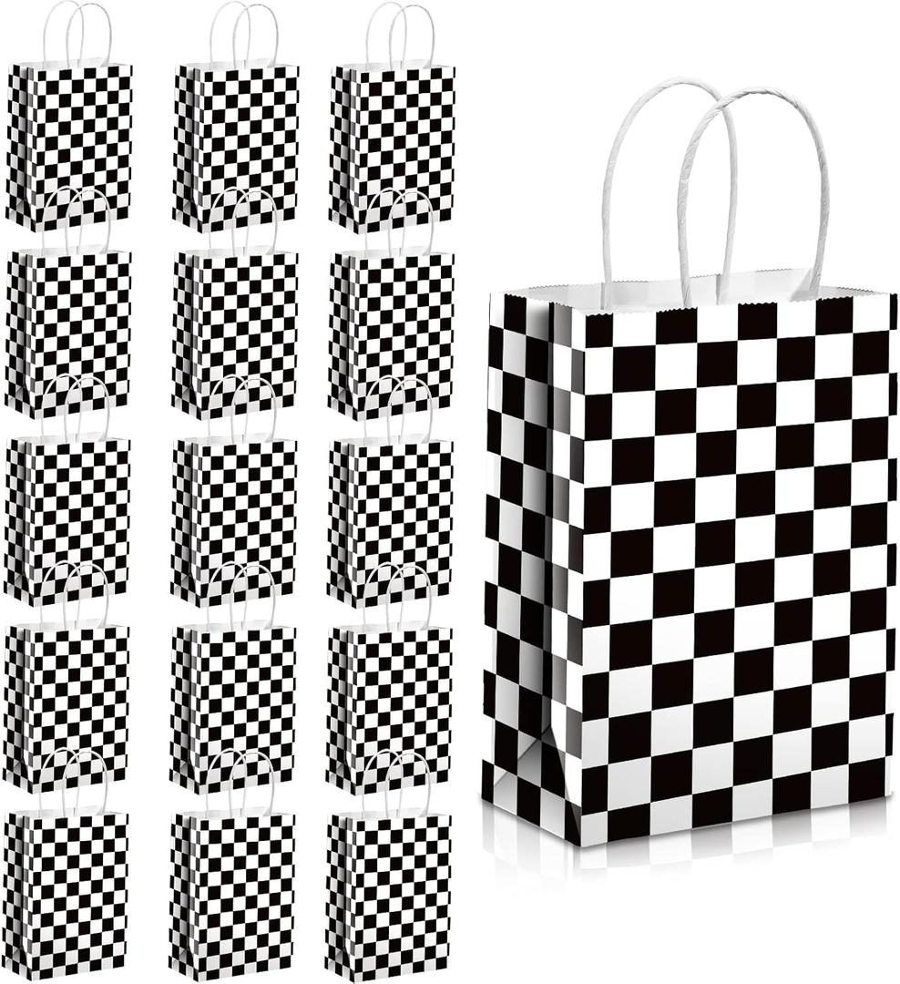Epakh 16 Pcs Checkered Racing Treat Bags Race Car Party Favors with Handles Black and White Checkered Flag Candy Goodie Gift Bags for Themed Birthday Party Supplies