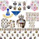 2 x 195Pcs Dog Birthday Party Decorations Set - 20 Plates, 20 Napkins, 18 Balloons, 107 Tattoos, 24 Cake Toppers, 1 L Topper, 1 Banners, 1 Tablecloth, 1 Scarf, 1 Hat with Numbers for Dog Party Supplies