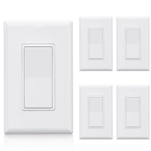 ELEGRP 3 Way Decorator Light Switch, 15Amp, 120-277 Volt, AC Rocker Paddle Wall Switch Replacement, Self-Grounding, Residential Grade, Screwless Wall Plate, UL Listed (5 Pack, Glossy White)
