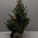 24 Inch Pre-lit Christmas Pine Tree, 2FT Small Table Top Xmas Tree with 50 Warm White Lights, Battery Power Tabletop Tree with Timer, 55 Pines, 10 Pinecones, 70 Red Berries for Winter Home Decorations (Green)