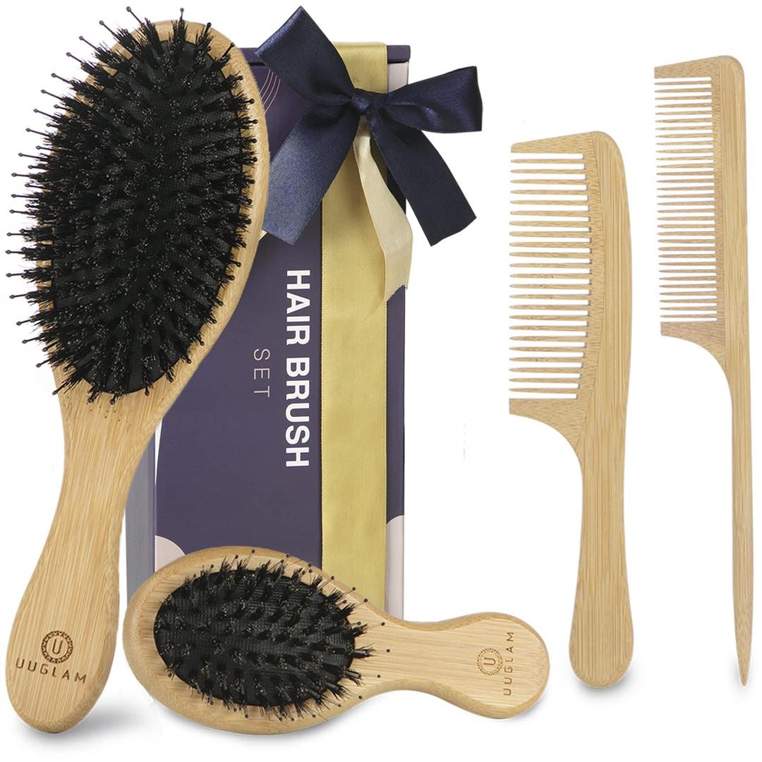 Wet Dry Hair Brush and Comb Set-Natural Bamboo Bristles Boar Detangler Hairbrush for Long Short Thick Thin Curly Straight Wavy, Paddle Brush for Men Women Kids (4 pcs)