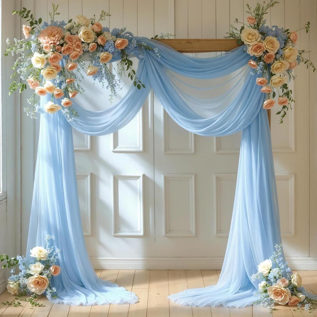 Wedding Arch Draping Fabric, 2 Panels 18FT Baby Blue Sheer Backdrop Curtain Chiffon Fabric Drapes Arbor Drapery Wedding Ceremony Reception Swag Decorations ((2 Panels )6 Yards/36ft, Bayby Blue Drapes Curtain)