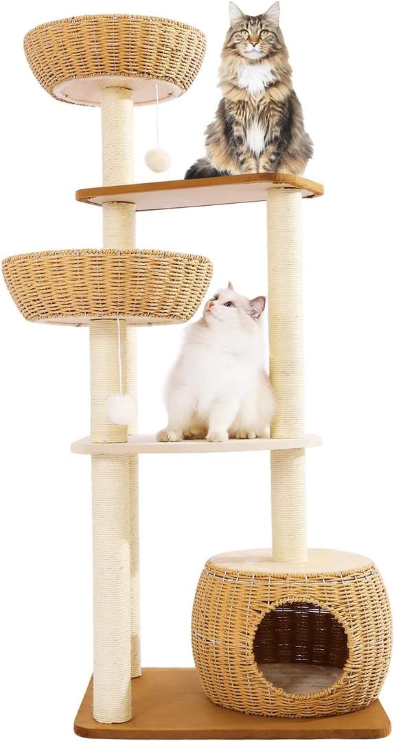 Modern Cat Tree Tower,Rattan Cat Tree Condo,Sisal-Covered Scratching Posts for Indoor Cats, Multi-Level Cat Condo with Space Capsule Nest, Tall Cat Tree for Multiple Large Cats (26124)